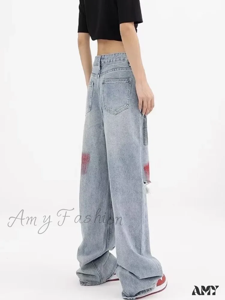 Amy Fashion - Summer Graffiti Blue Wash Hole New Floor Slam Straight Leg Jean - Image 5