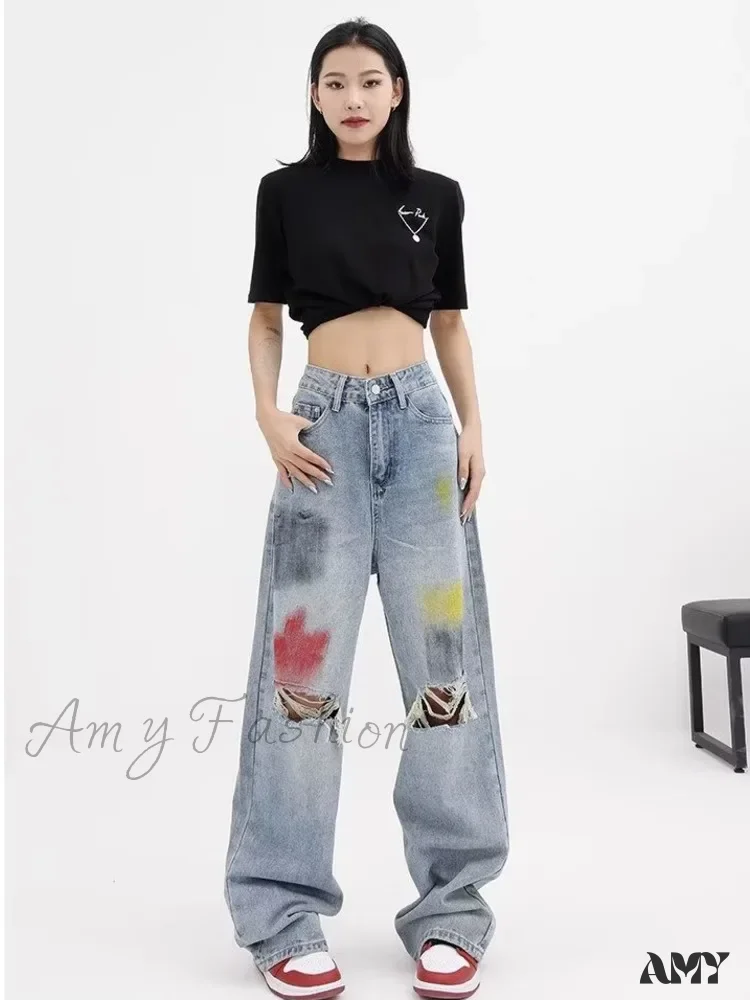 Amy Fashion - Summer Graffiti Blue Wash Hole New Floor Slam Straight Leg Jean - Image 6