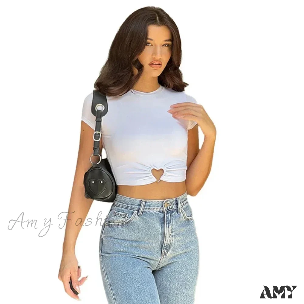 Summer Heart Rings Cutout Short Sleeve Blouses Crop Top - Image 2