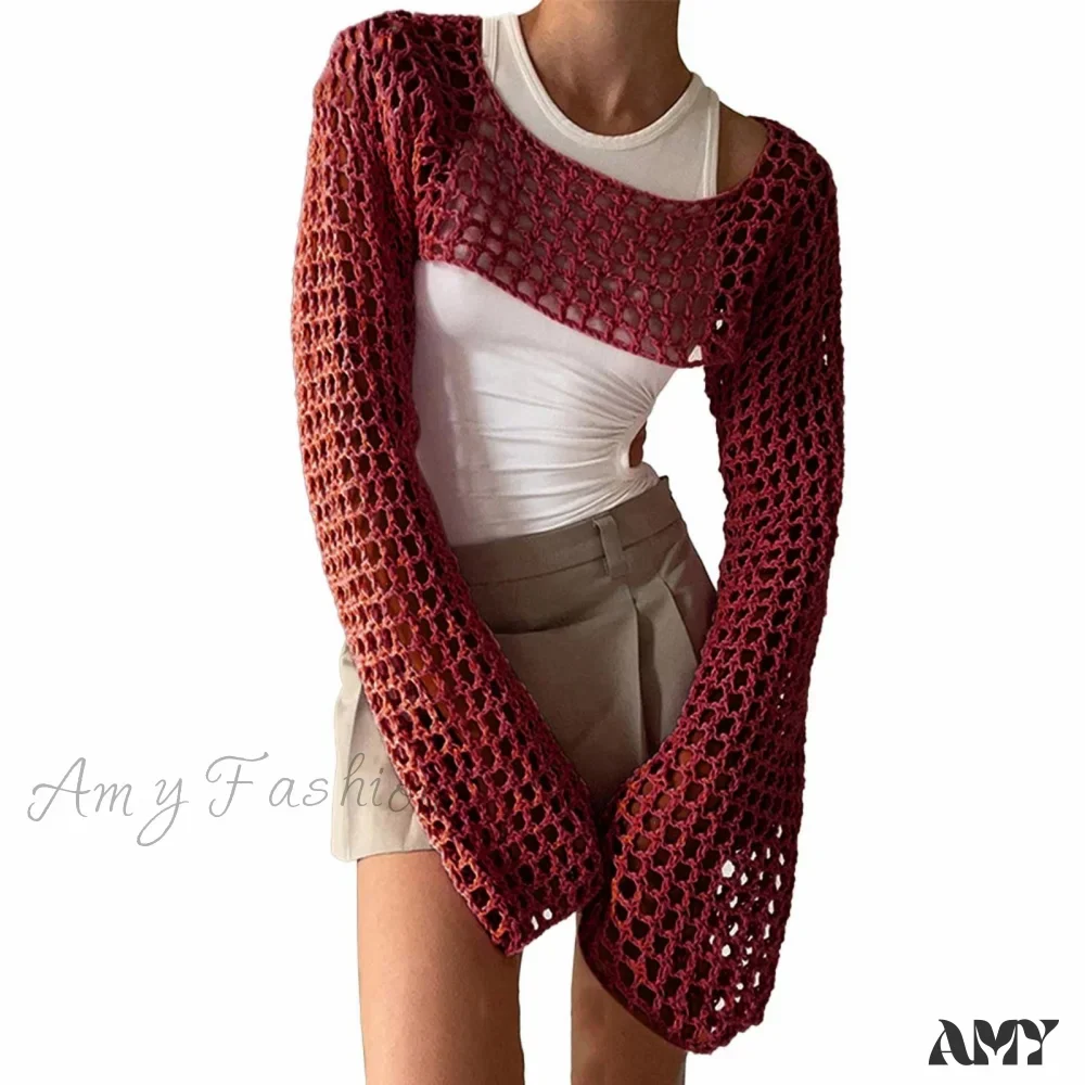 Amy Fashion - Summer Sexy Long Sleeve Smock Knitted Crop Top - Image 10