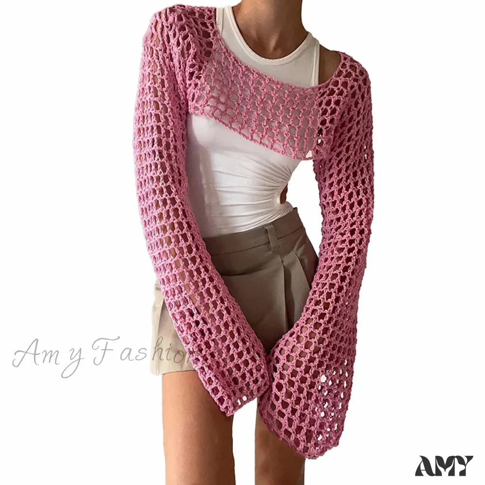 Amy Fashion - Summer Sexy Long Sleeve Smock Knitted Crop Top - Image 11