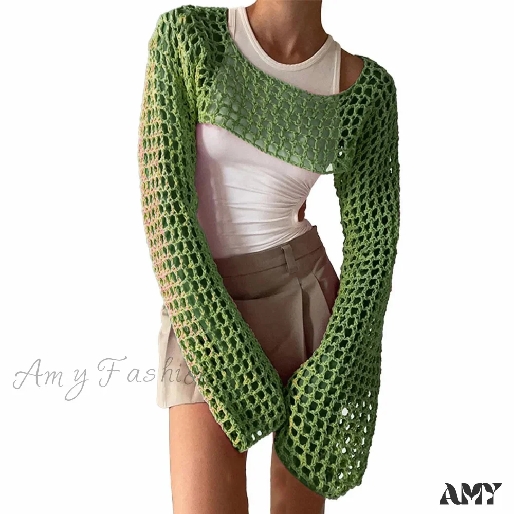 Amy Fashion - Summer Sexy Long Sleeve Smock Knitted Crop Top - Image 12