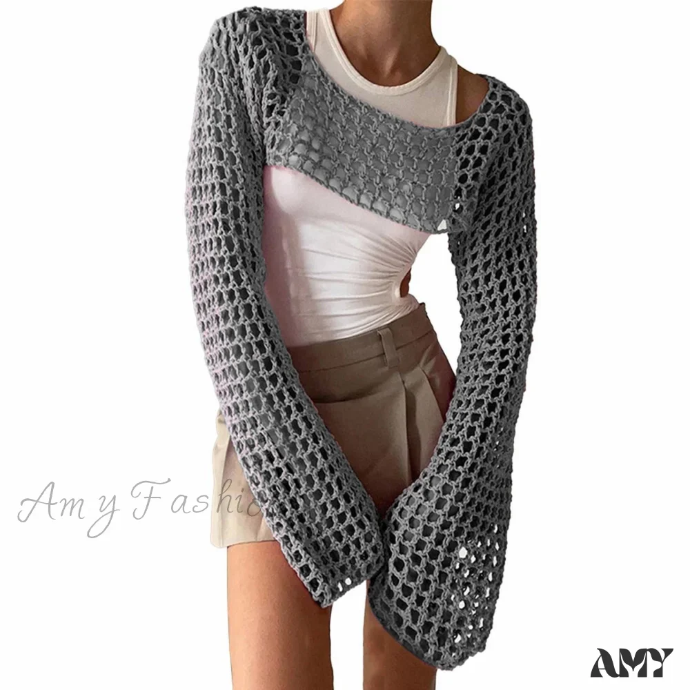 Amy Fashion - Summer Sexy Long Sleeve Smock Knitted Crop Top - Image 14