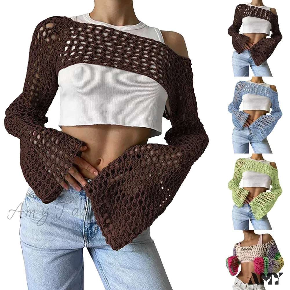 Amy Fashion - Summer Sexy Long Sleeve Smock Knitted Crop Top - Image 3