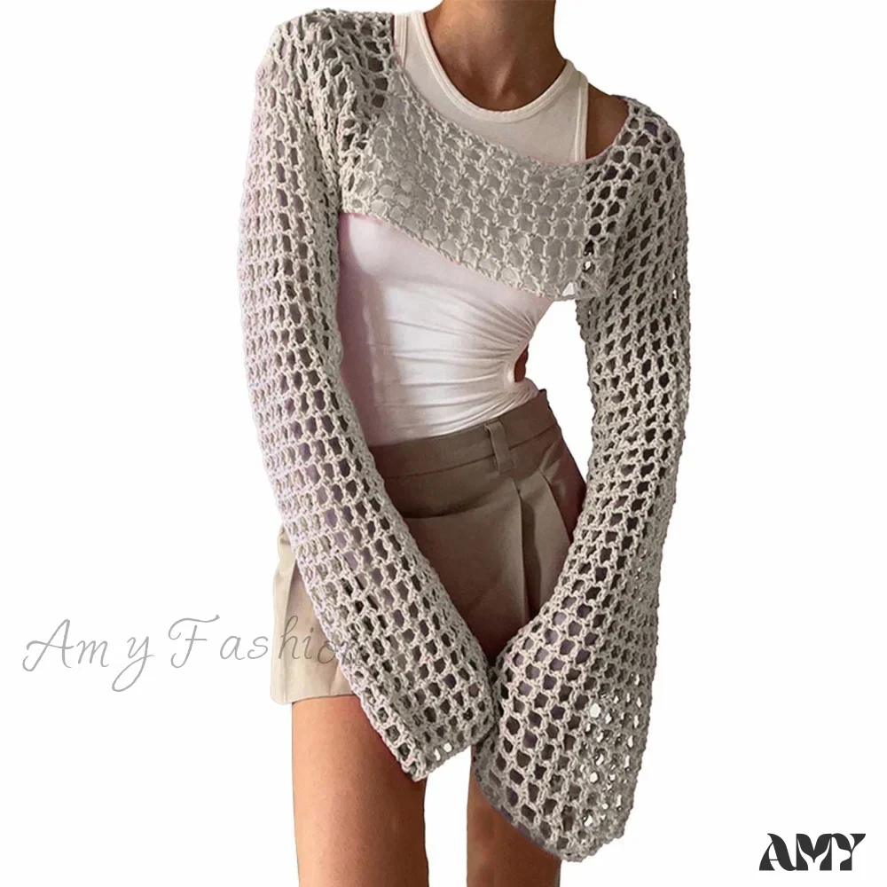 Amy Fashion - Summer Sexy Long Sleeve Smock Knitted Crop Top - Image 8