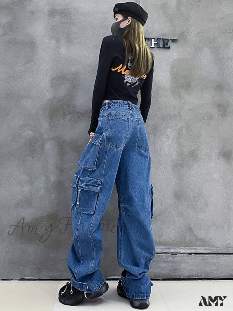 Amy Fashion - Dark Blue Pockets Wide Leg Jeans - Image 3