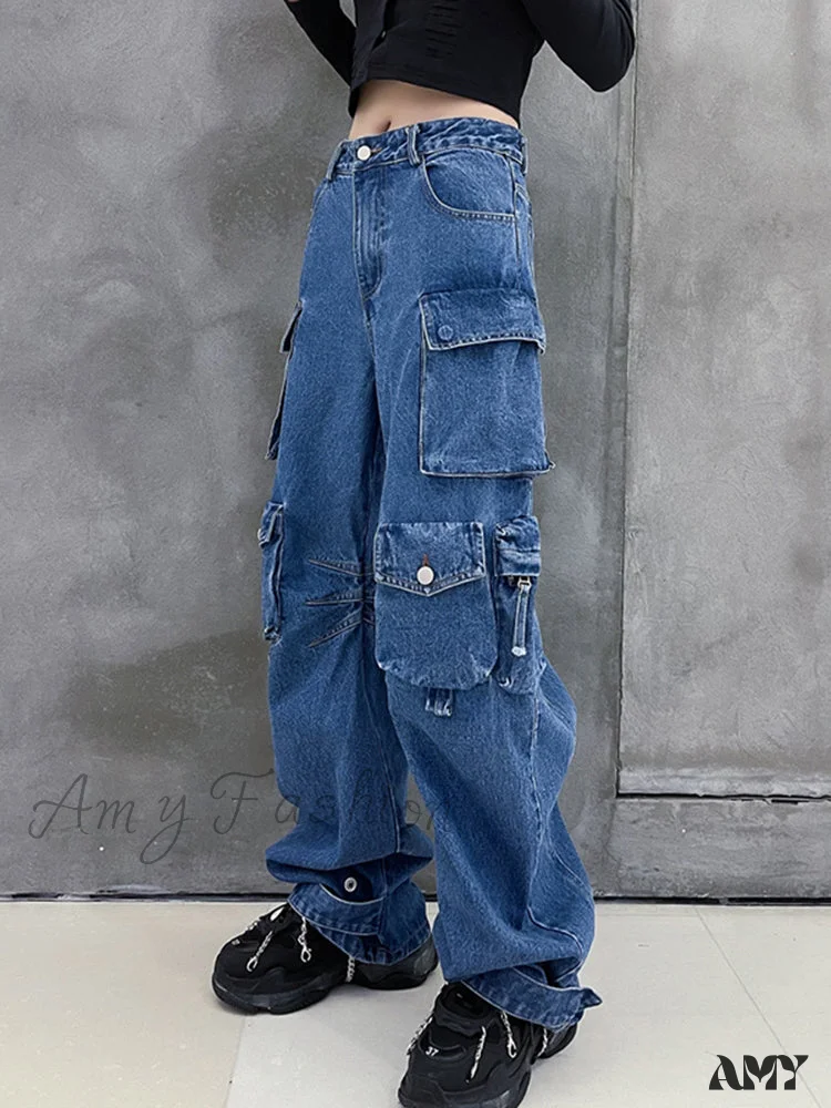 Amy Fashion - Dark Blue Pockets Wide Leg Jeans - Image 4