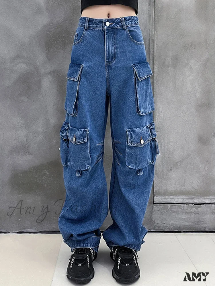 Amy Fashion - Dark Blue Pockets Wide Leg Jeans - Image 5