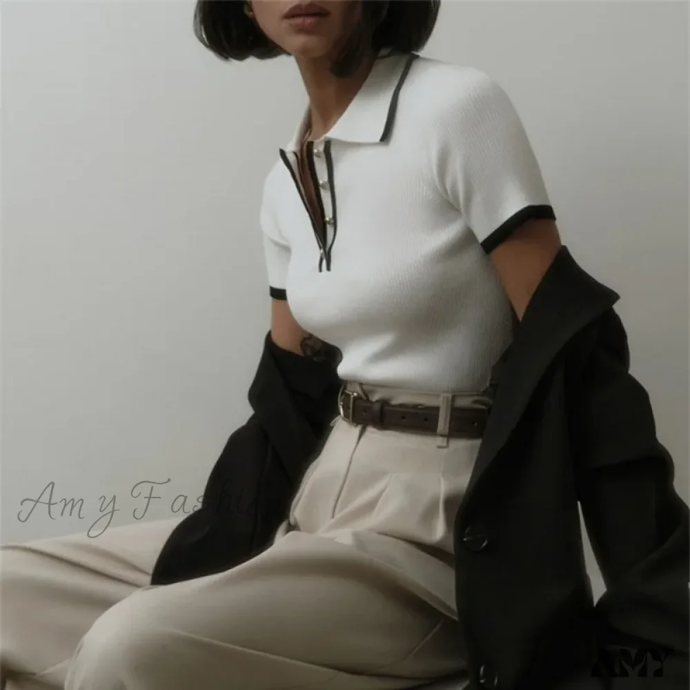 Talenza Women's Knitted Pullover Fashion Short Sleeve Patchwork Elegant Slim Sweater - Image 3
