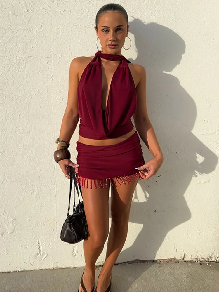 Tassel Halter Mini Skirt Two Piece Set - Image 5