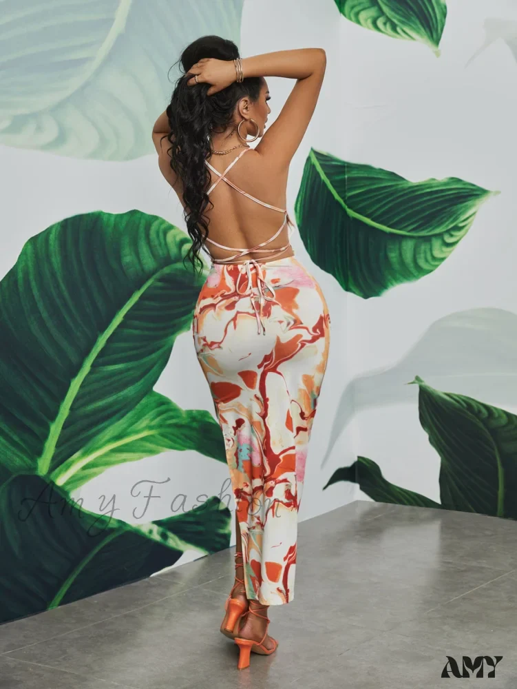 Amy Fashion - Tie Dye Lace Up Backless Split Thigh Dress - Image 2