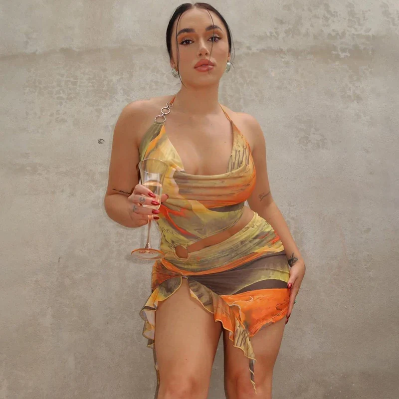 Tie Dye Tassel Backless Halter Mini Dress - Image 2