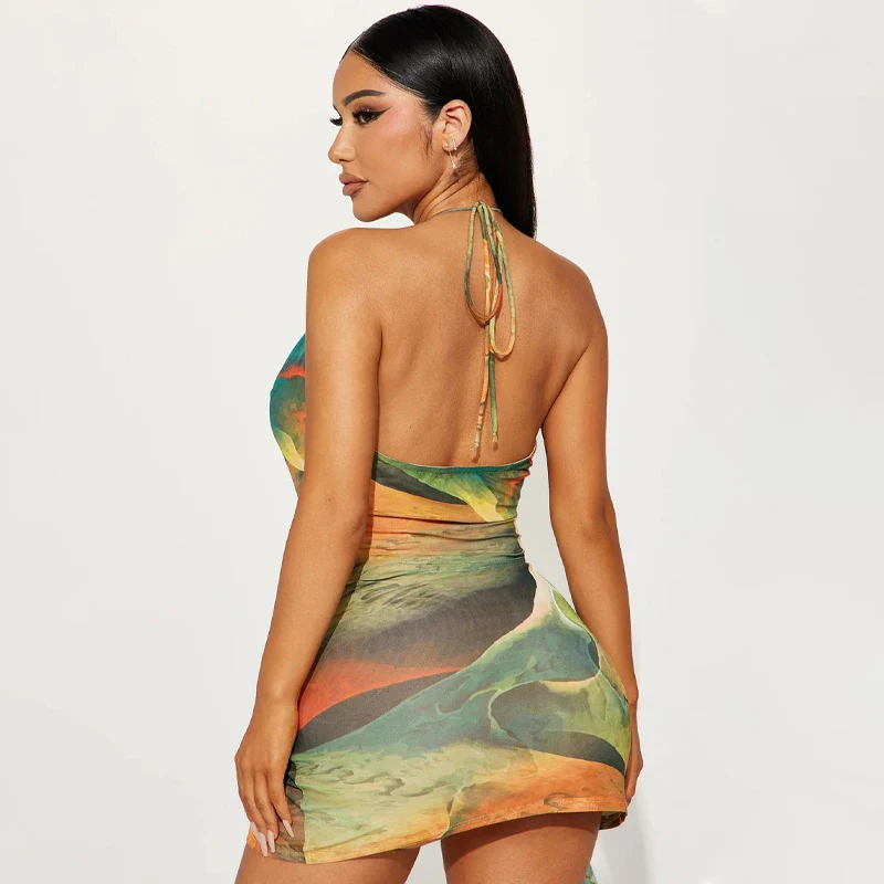 Tie Dye Tassel Backless Halter Mini Dress - Image 4