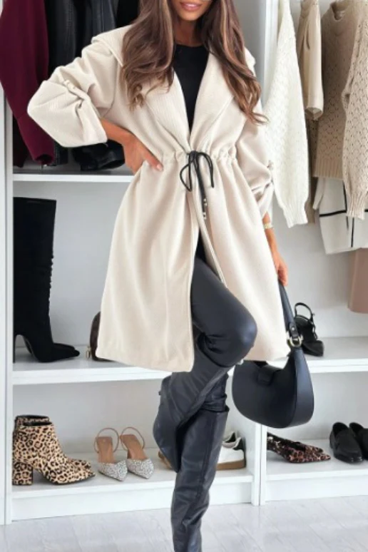 Tie Front Hooded Lapel Long Sleeve Casual Coat - Image 3