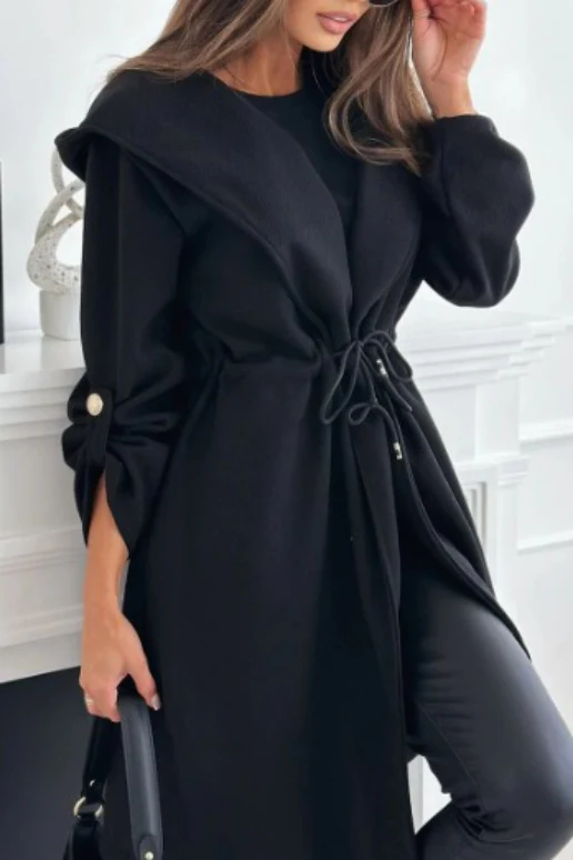 Tie Front Hooded Lapel Long Sleeve Casual Coat - Image 4