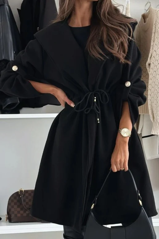 Tie Front Hooded Lapel Long Sleeve Casual Coat - Image 5