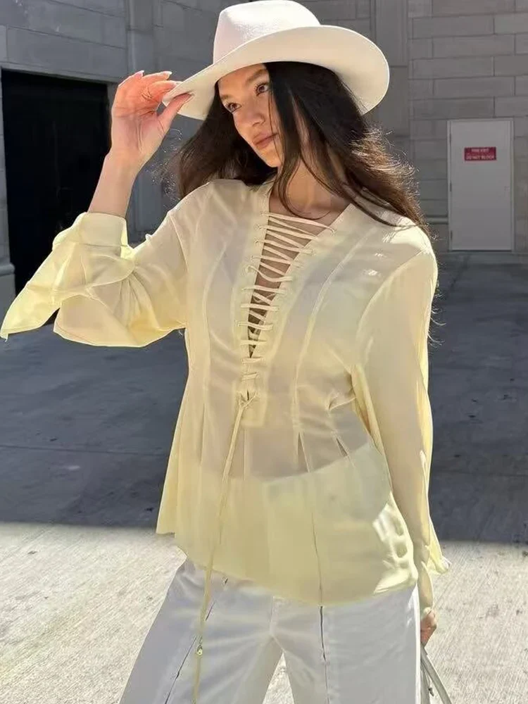 Tied Bow Flare Sleeve Blouse - Image 2