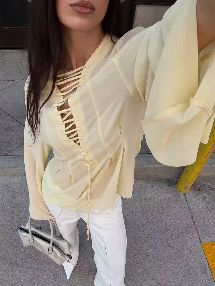 Tied Bow Flare Sleeve Blouse - Image 3