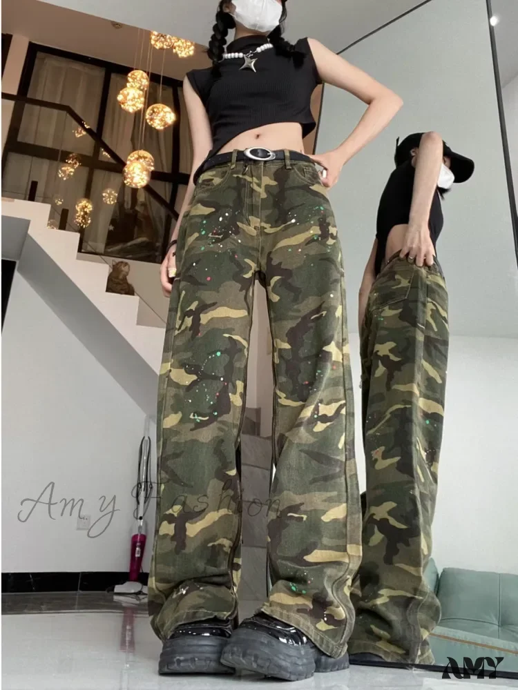 Amy Fashion - Trendy Hip-hop Vintage Versatile Work Clothes Loose Splashed Ink Camouflage Wide Leg Jean - Image 2