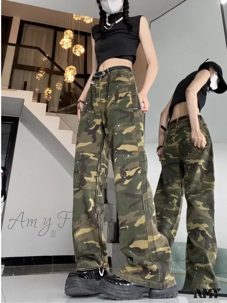 Amy Fashion - Trendy Hip-hop Vintage Versatile Work Clothes Loose Splashed Ink Camouflage Wide Leg Jean - Image 3