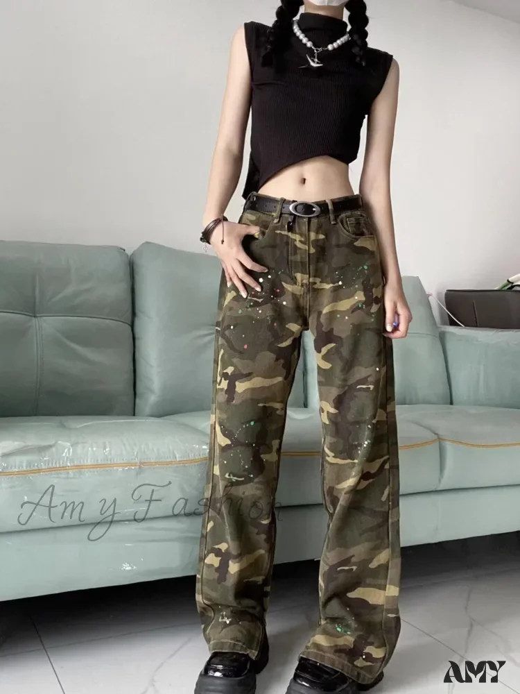 Amy Fashion - Trendy Hip-hop Vintage Versatile Work Clothes Loose Splashed Ink Camouflage Wide Leg Jean - Image 5
