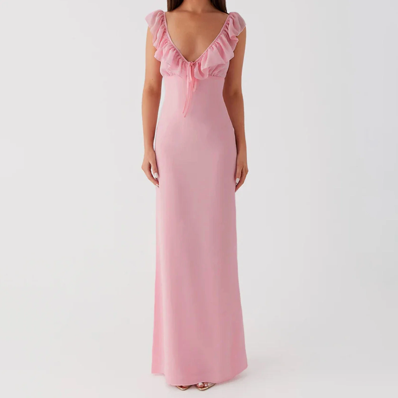 Trim V Neck Slim Solid Col Bodycon Dress