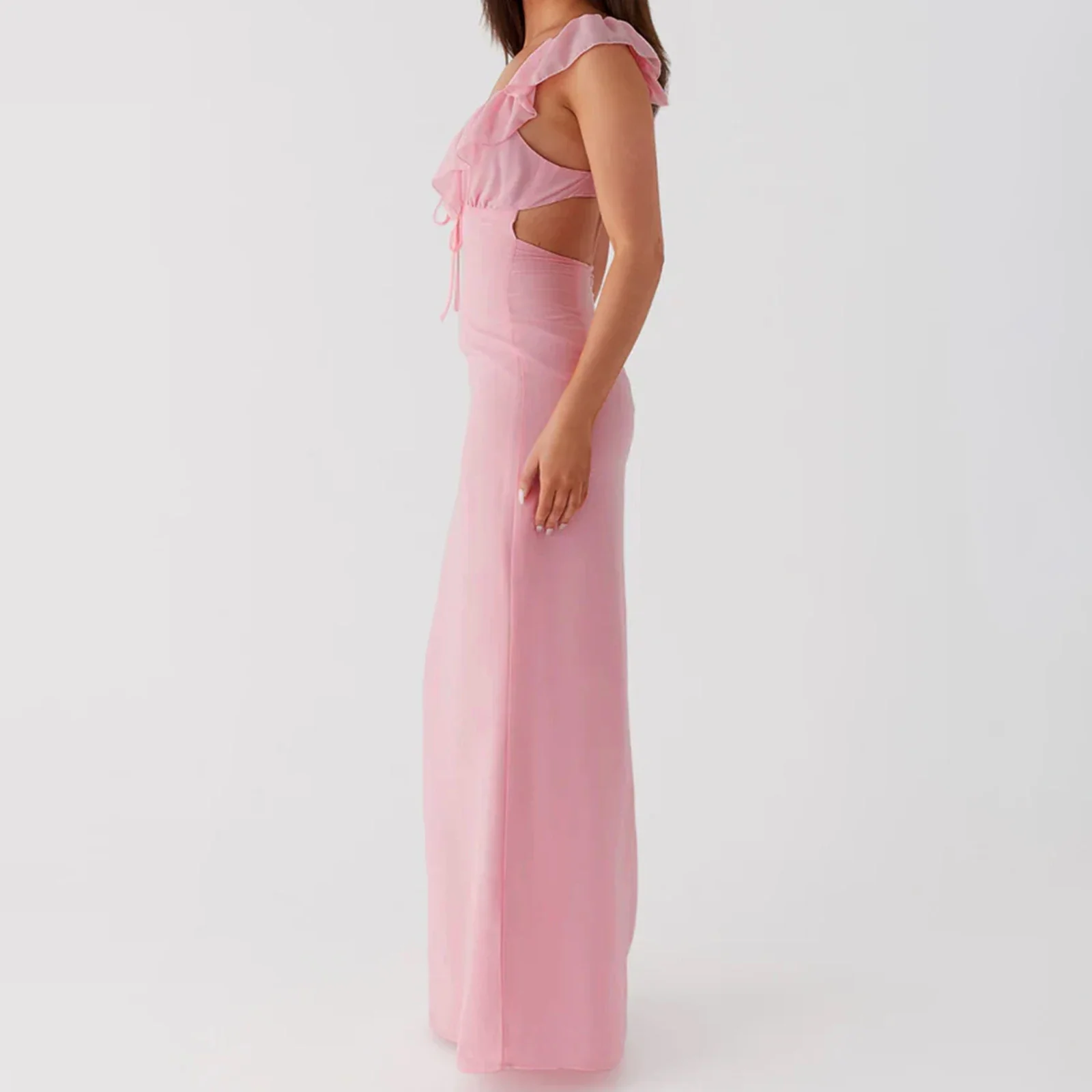 Trim V Neck Slim Solid Col Bodycon Dress - Image 2