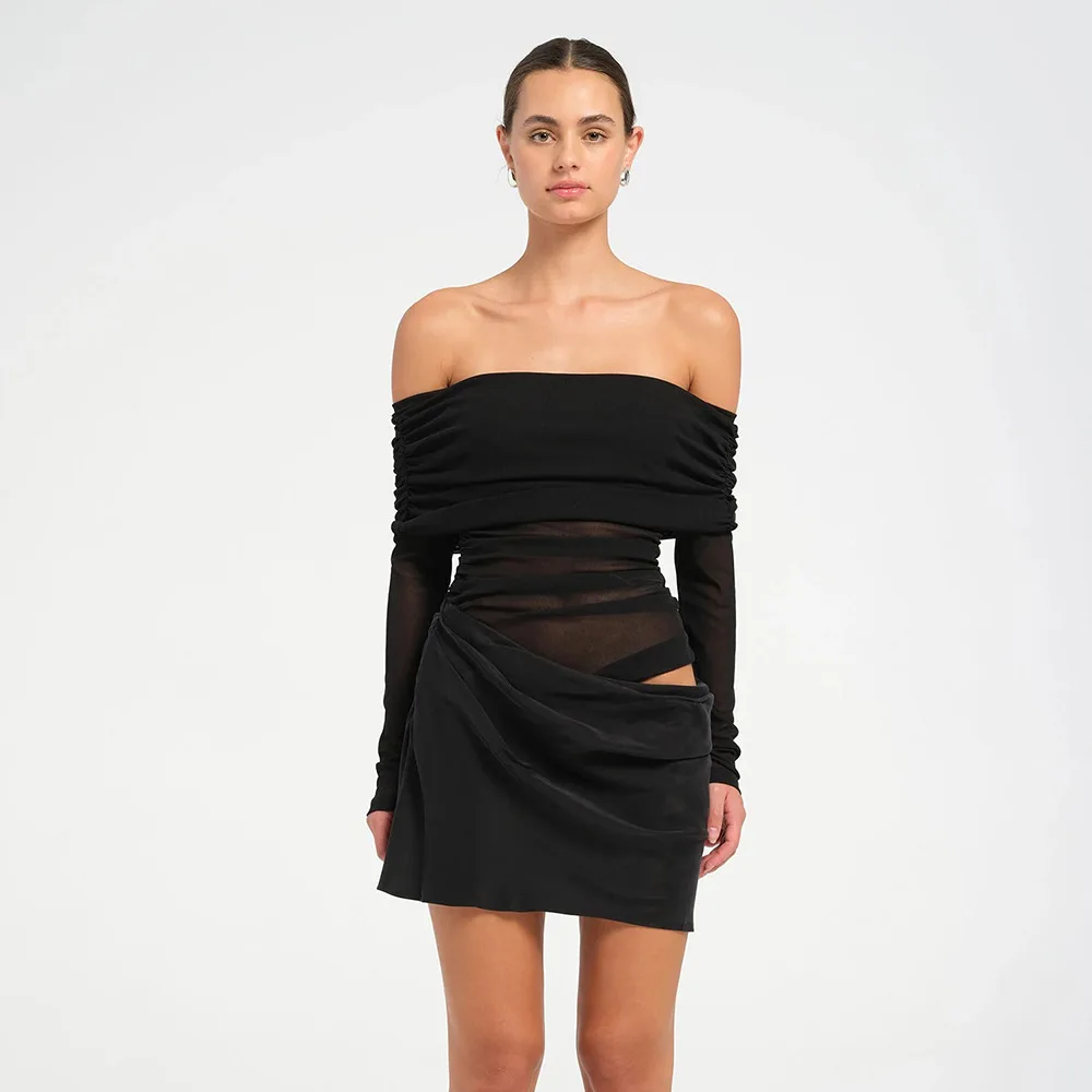 Tulle Satin Off Shoulder Full Sleeves Short Mini Prom Dress - Image 4