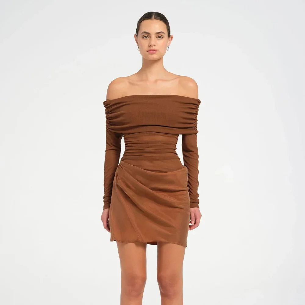 Tulle Satin Off Shoulder Full Sleeves Short Mini Prom Dress - Image 5