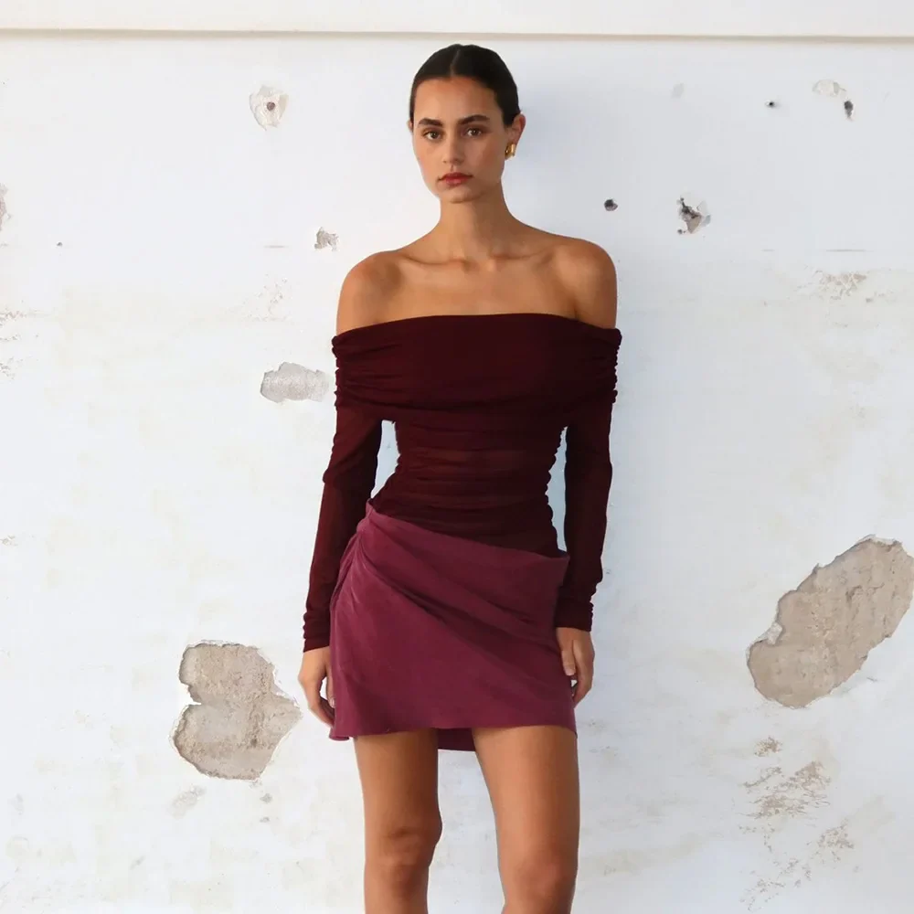 Tulle Satin Off Shoulder Full Sleeves Short Mini Prom Dress - Image 6
