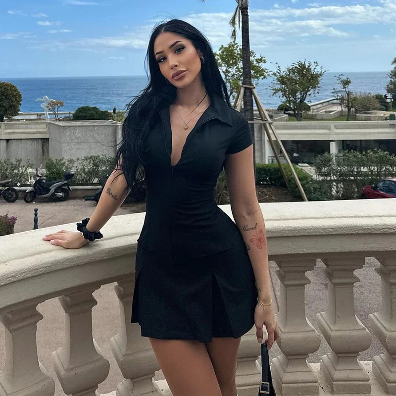 Turn Down Collar Short Sleeve Mini Dress - Image 3