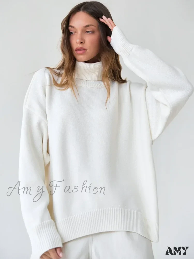 Turtleneck Autumn Winter Knit Oversized Loose Casual Solid Sweater - Image 2