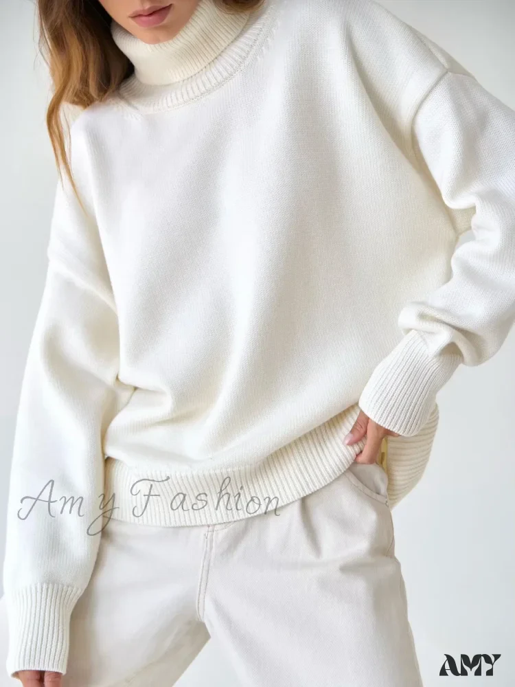 Turtleneck Autumn Winter Knit Oversized Loose Casual Solid Sweater - Image 3