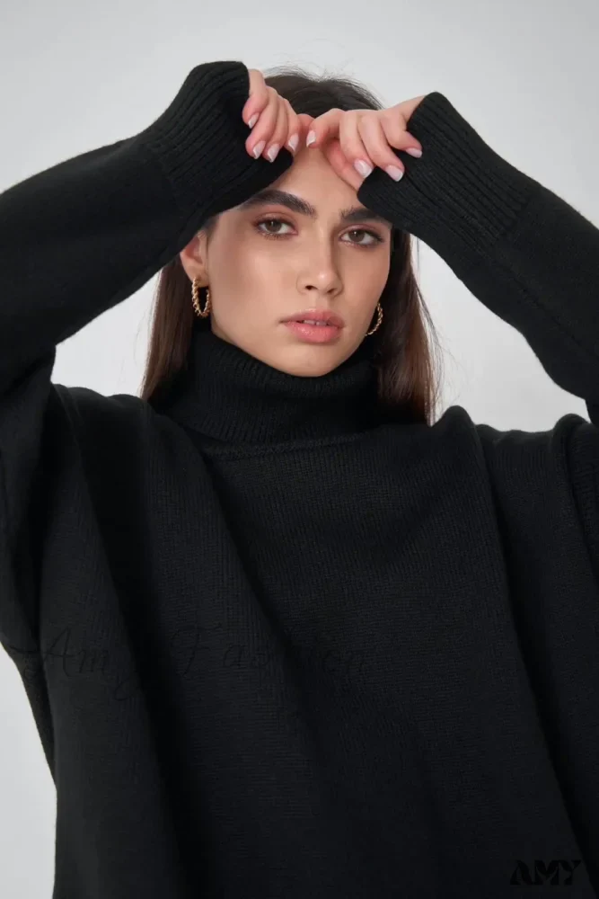 Turtleneck Autumn Winter Knit Oversized Loose Casual Solid Sweater - Image 4
