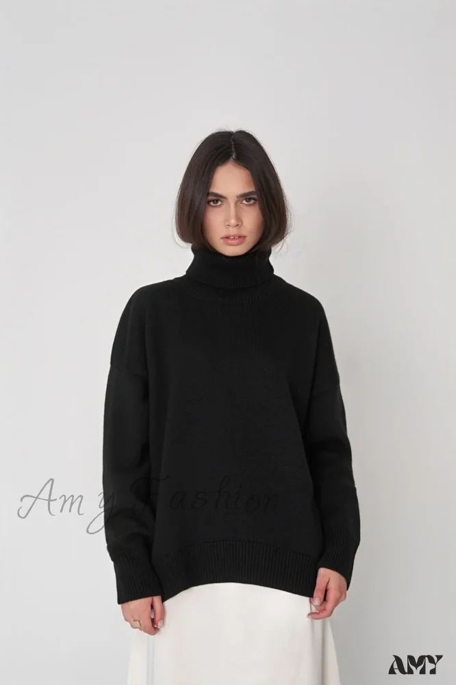 Turtleneck Autumn Winter Knit Oversized Loose Casual Solid Sweater - Image 5