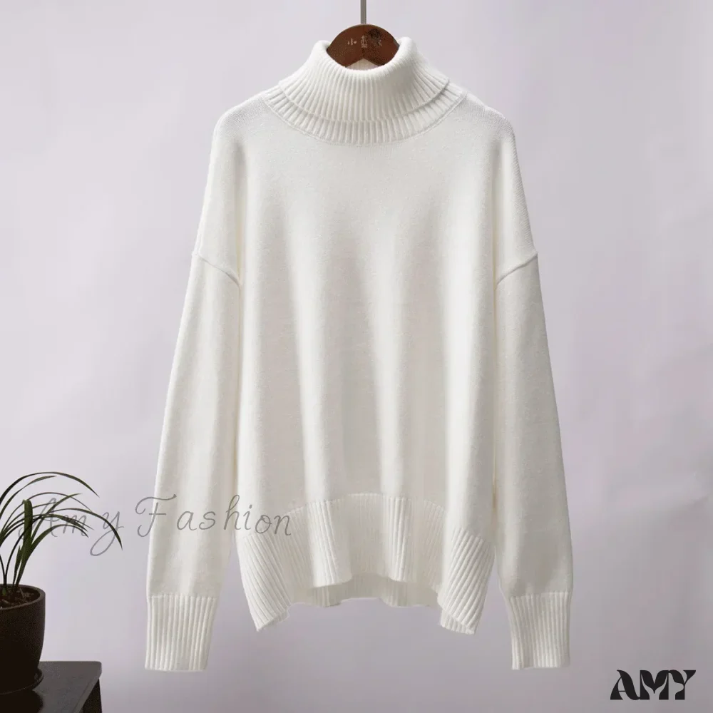 Turtleneck Autumn Winter Knit Oversized Loose Casual Solid Sweater - Image 6