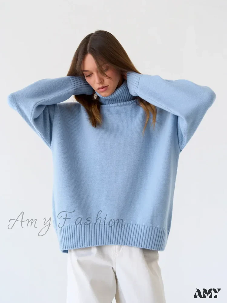 Turtleneck Autumn Winter Knit Oversized Loose Casual Solid Sweater - Image 7