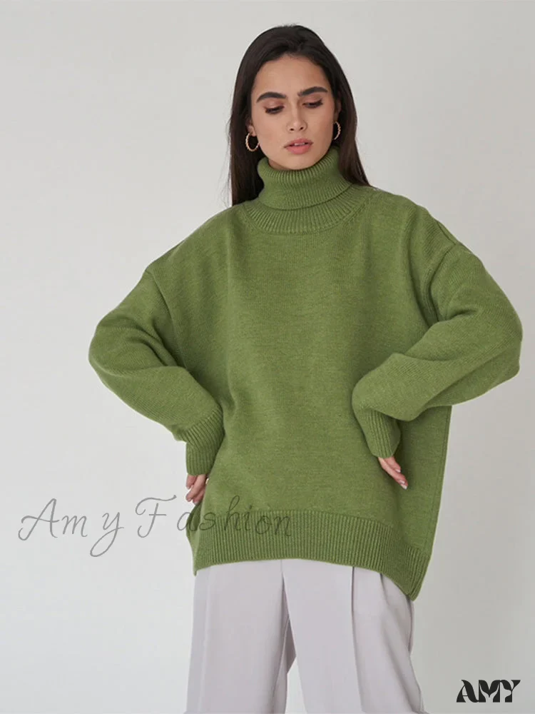 Amy Fashion - Oversized Casual Turtleneck Solid Color Pollover Sweater - Image 10