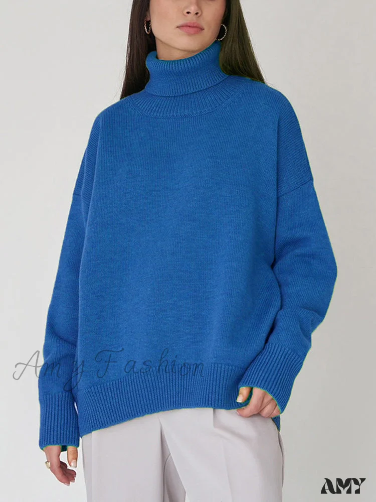 Amy Fashion - Oversized Casual Turtleneck Solid Color Pollover Sweater - Image 11