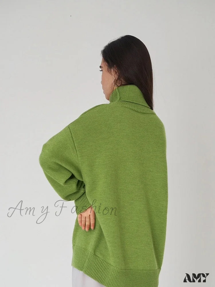 Amy Fashion - Oversized Casual Turtleneck Solid Color Pollover Sweater - Image 2