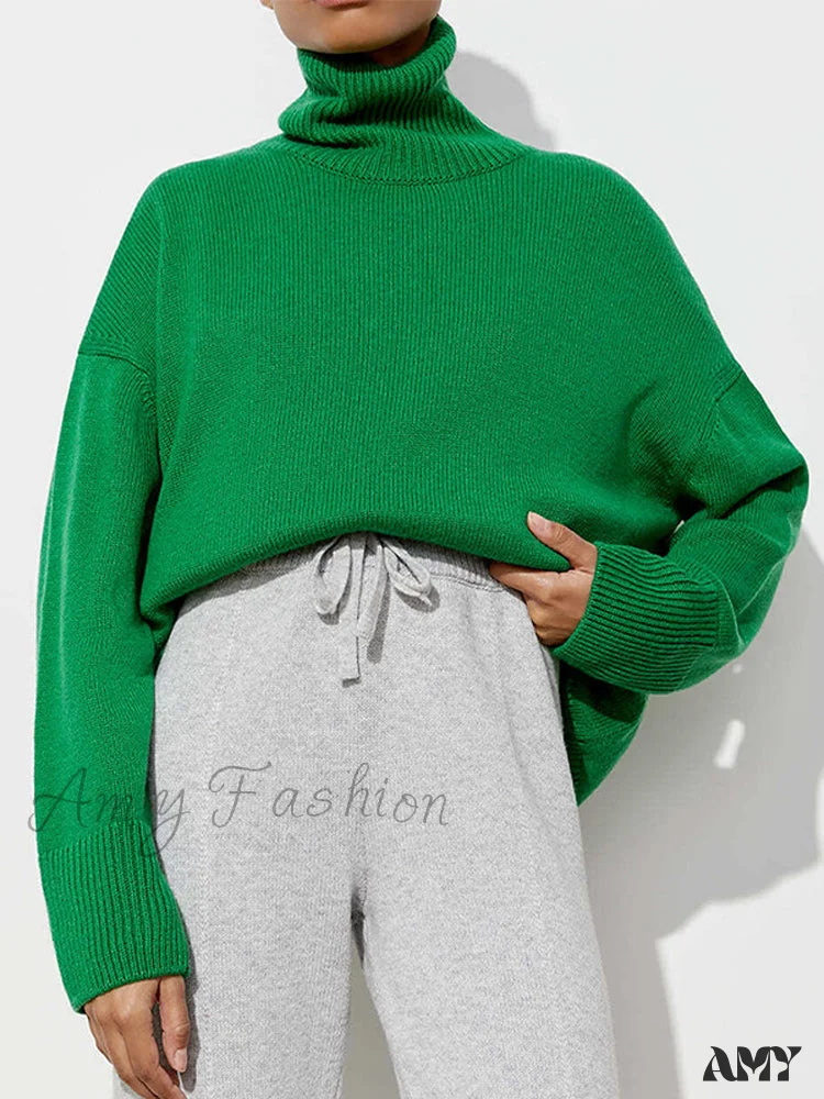 Amy Fashion - Oversized Casual Turtleneck Solid Color Pollover Sweater - Image 3