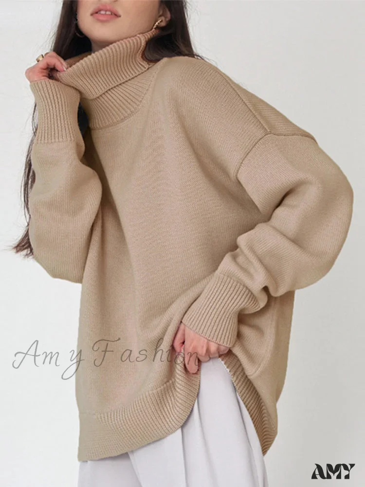 Amy Fashion - Oversized Casual Turtleneck Solid Color Pollover Sweater - Image 4