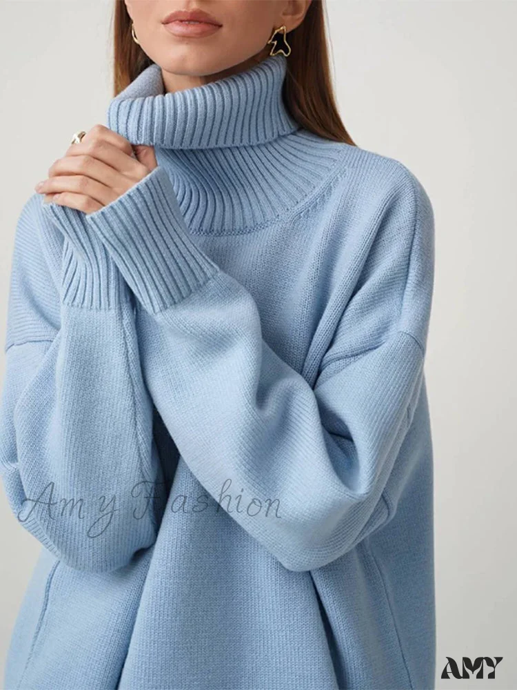 Amy Fashion - Oversized Casual Turtleneck Solid Color Pollover Sweater - Image 5