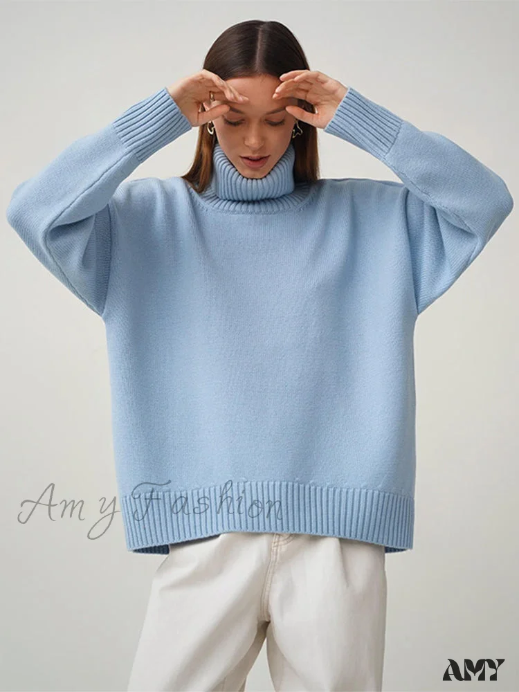 Amy Fashion - Oversized Casual Turtleneck Solid Color Pollover Sweater - Image 9
