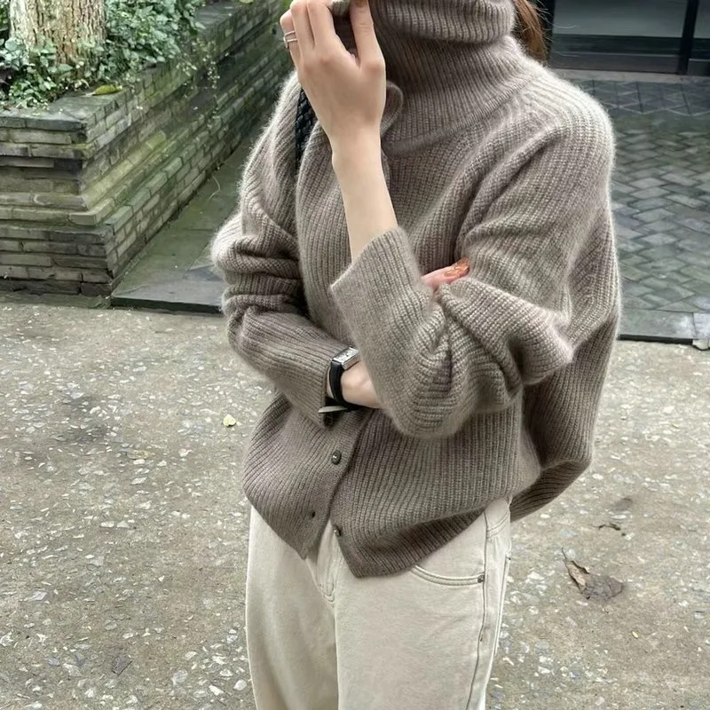 Turtleneck Thick Wool Knit Cardigan - Image 2