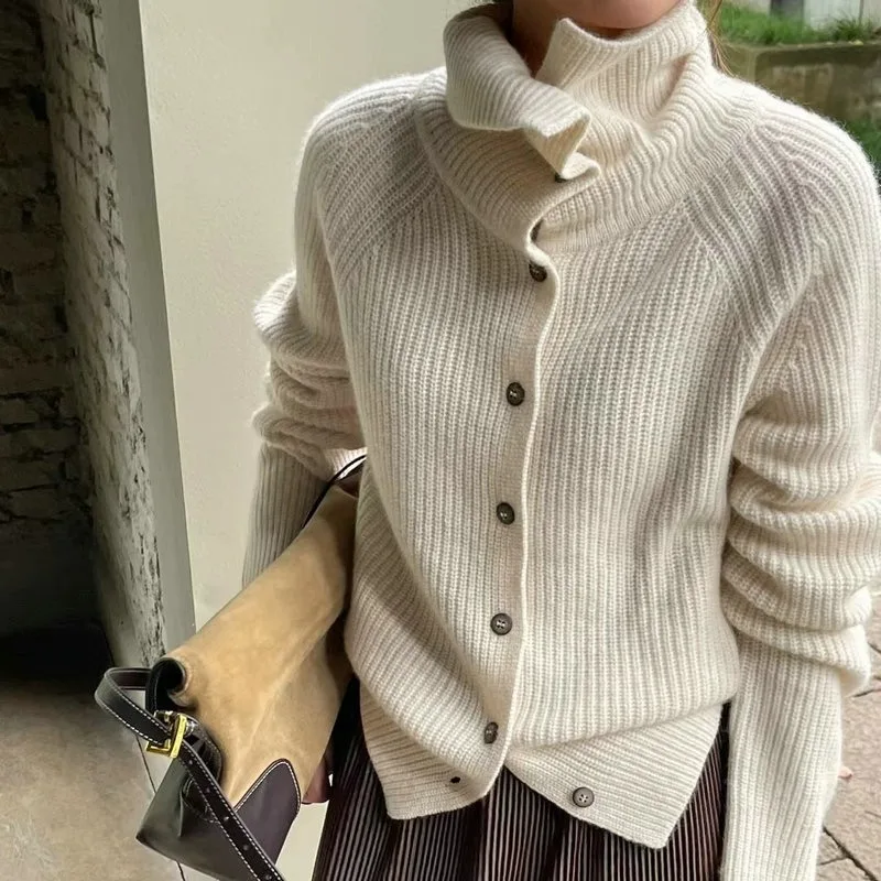 Turtleneck Thick Wool Knit Cardigan - Image 3