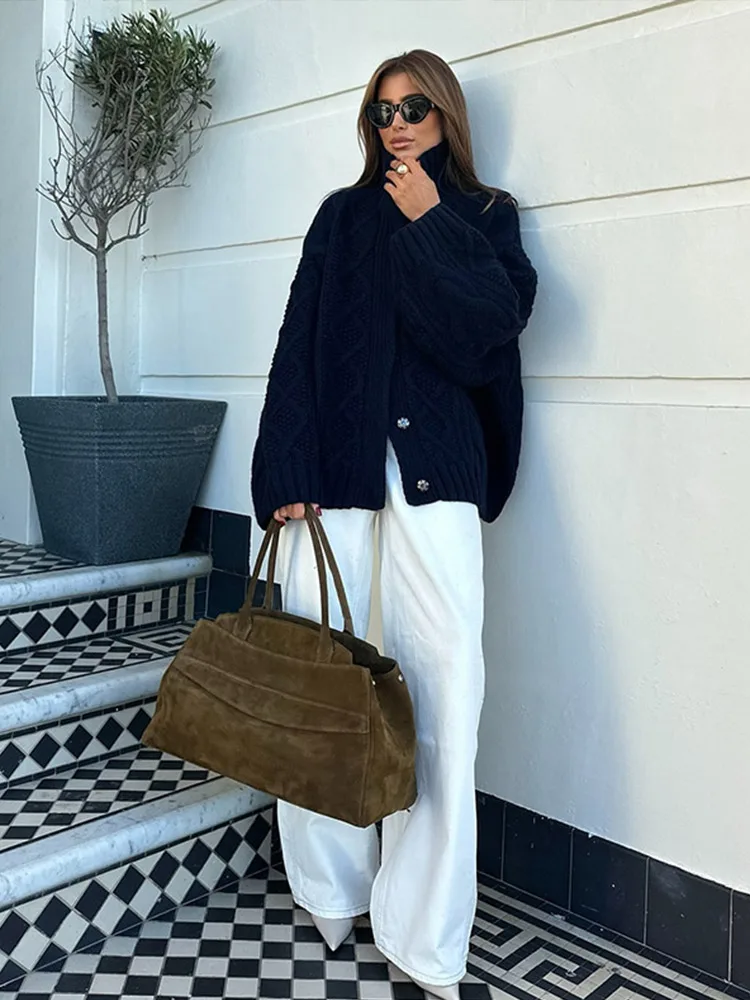 Twist Lapel Hidden Button Knit Cardigan - Image 4