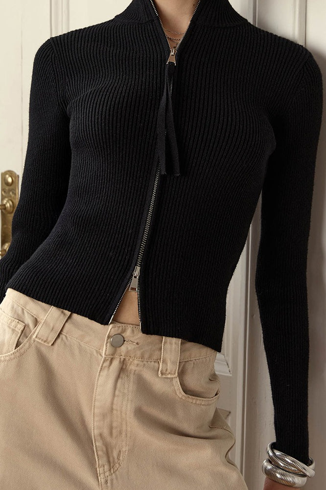 Two - Way Zipper Stand Collar Slim Long Sleeve Thermal Knit Cardigan - Image 3