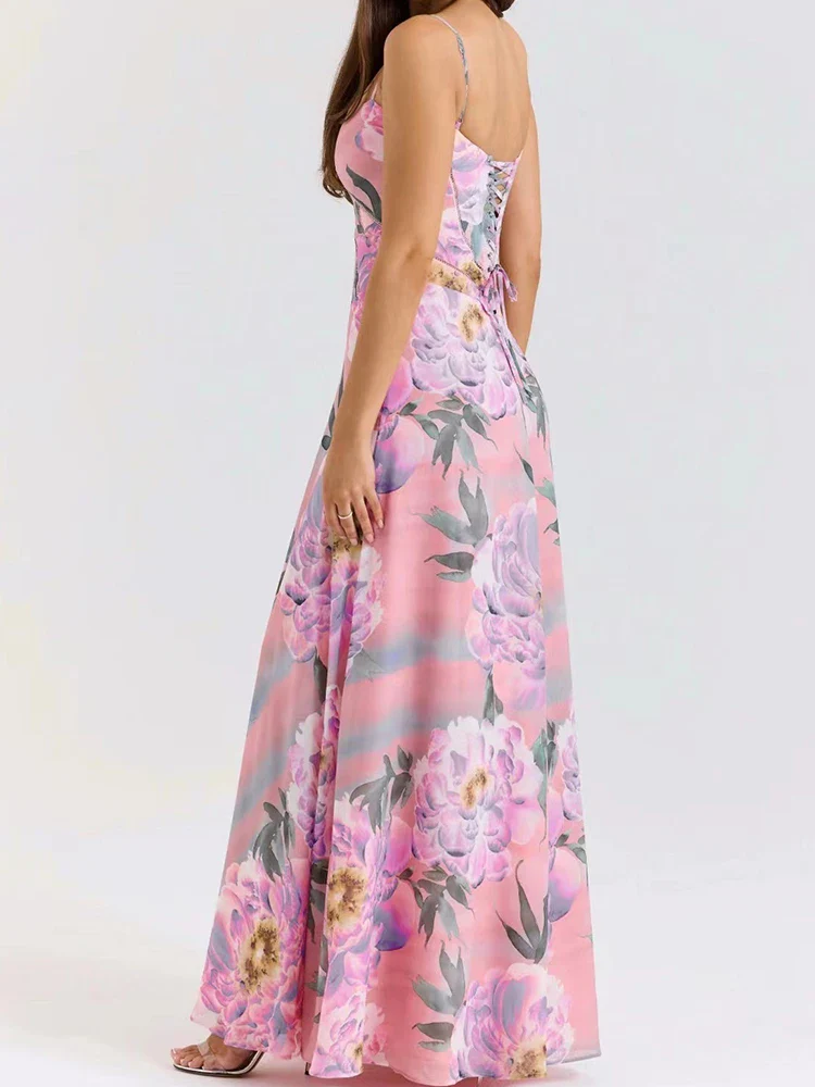 V-neck Back Strap A-line Floral Dress - Image 2