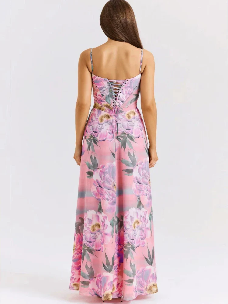 V-neck Back Strap A-line Floral Dress - Image 3